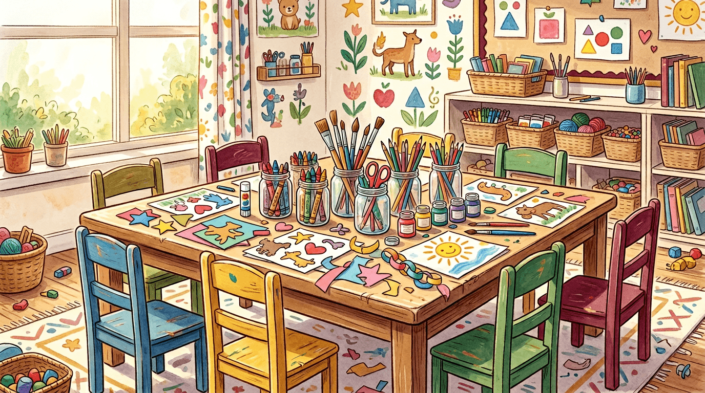 Illustrated art and craft corner with crayons and creative supplies