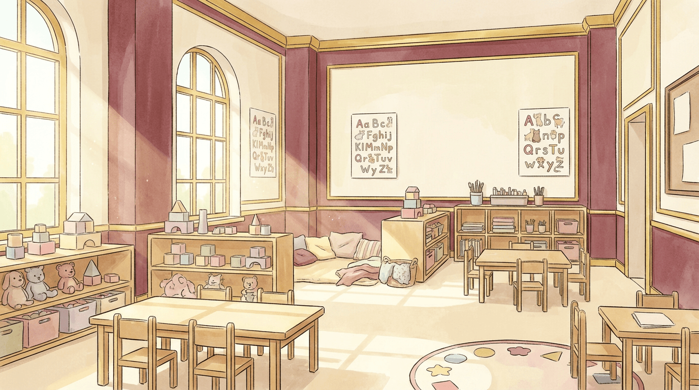 Illustrated bright preschool classroom with learning stations and warm sunlight