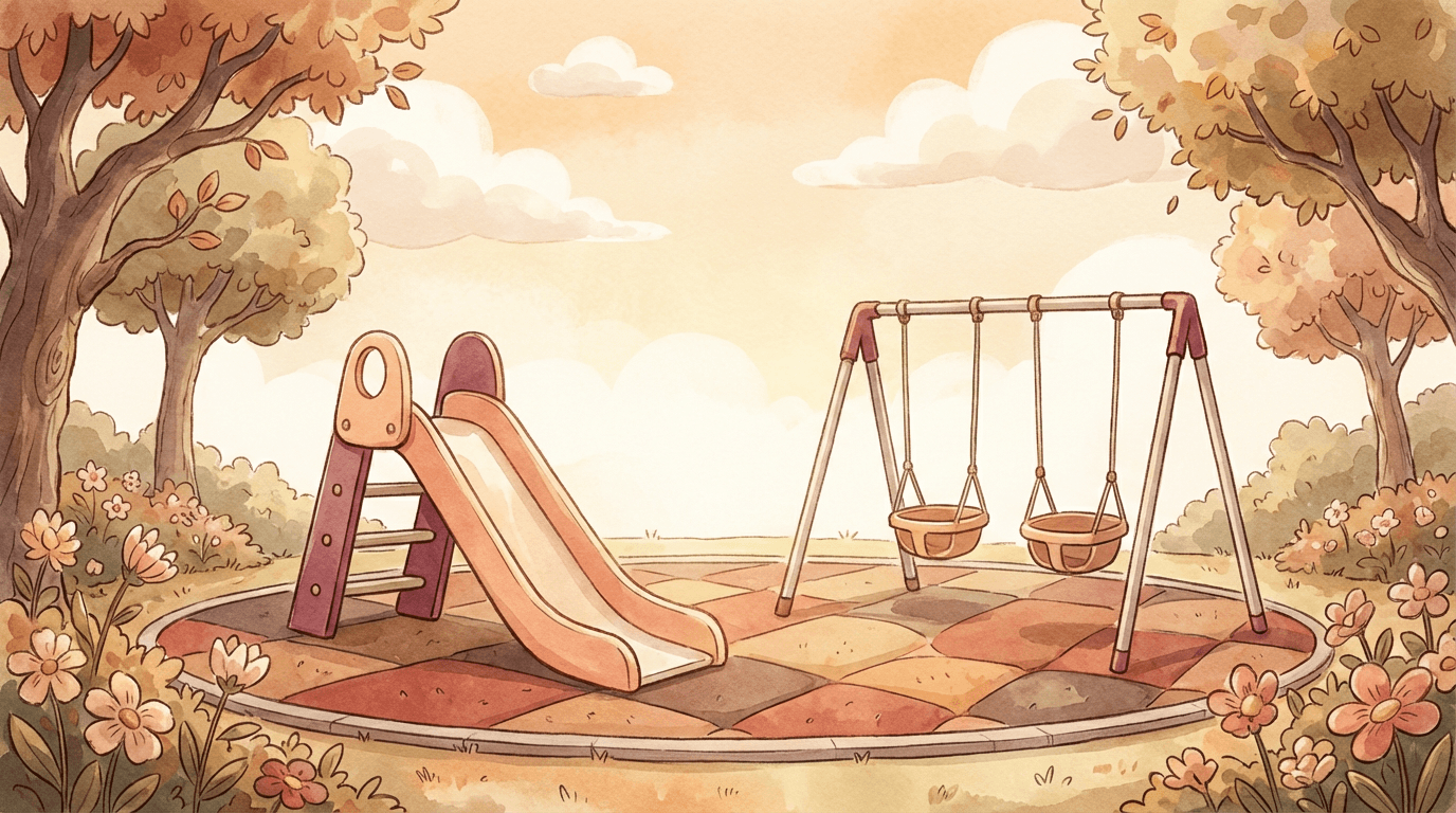 Illustrated cheerful school playground with slides, swings, and sunny sky