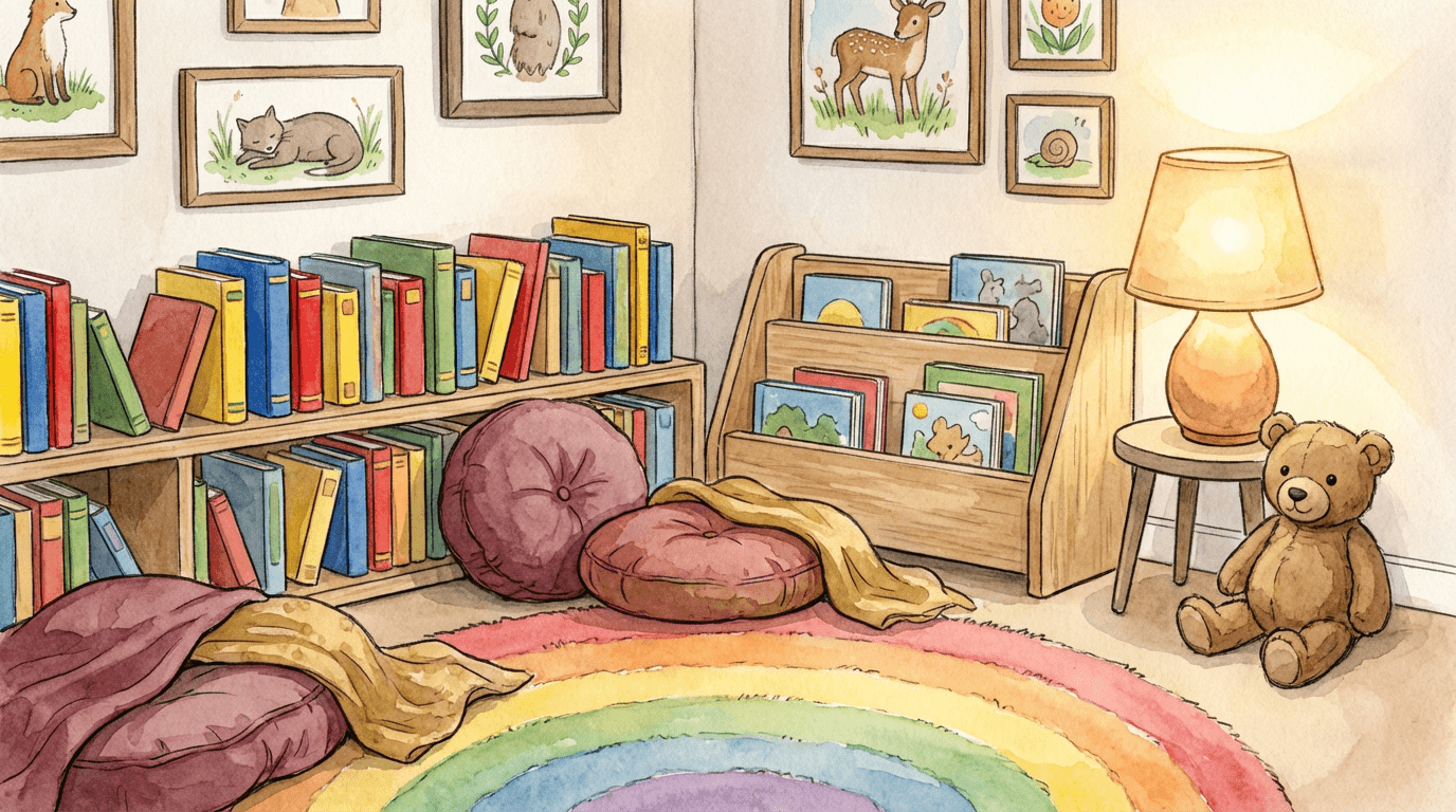 Illustrated cozy reading nook with picture books and soft cushions